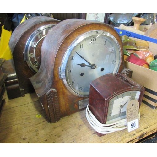 50 - TWO MANTLE CLOCKS AND A SMITHS BAKELITE ELECTRIC CLOCK