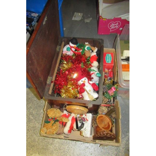 105 - BOX OF CHRISTMAS DECORATIONS AND A SMALL MAHOGANY CHEST