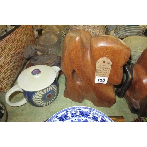 120 - RETRO COPENHAGEN HAND PAINTED TEAPOT AND A WOODEN SCULPTURE