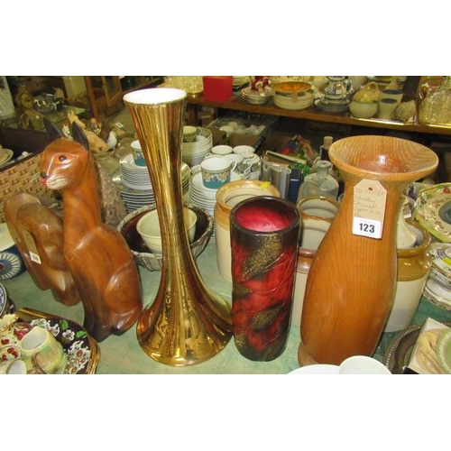 123 - WOODEN ORNAMENTS AND VASE ETC