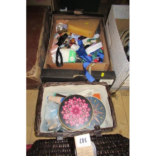 147 - BOX OF LINEN AND SEWING ITEMS ETC