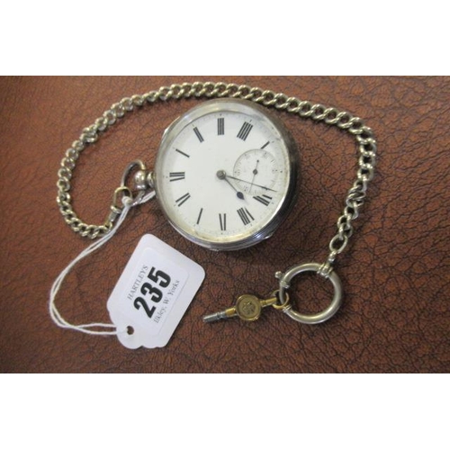 235 - SILVER POCKET WATCH AND STEEL CHAIN