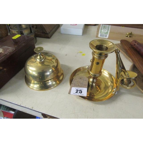 25 - BRASS COUNTER BELL AND CHAMBER STICK