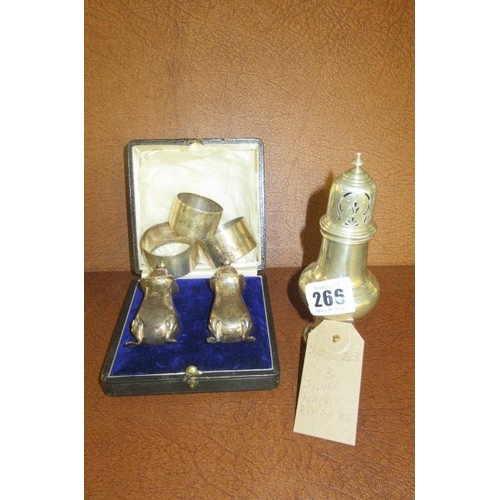 266 - SILVER SUGAR CASTOR  THREE NAPKIN RINGS AND A CASED SILVER CRUET