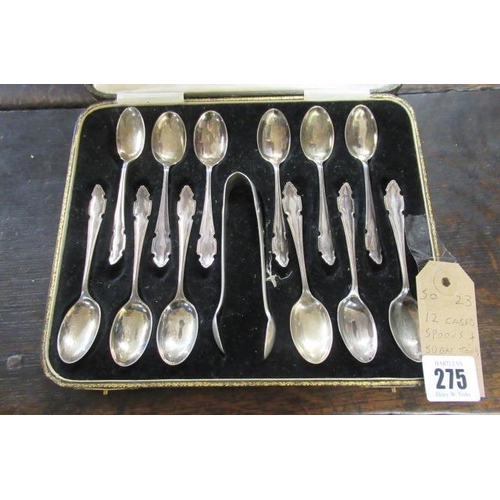 275 - CASED SET OF TWELVE SILVER TEASPOONS AND SUGAR TONGS