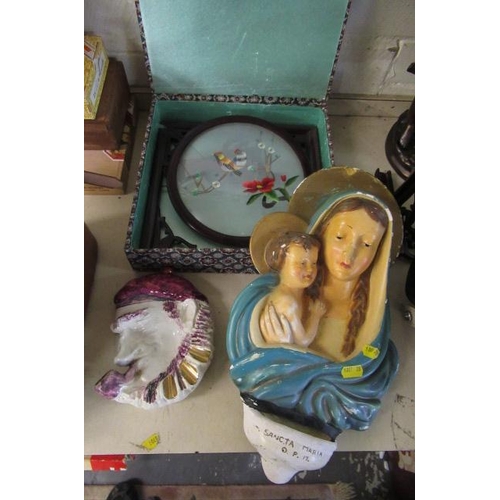 30 - VIRGIN MARY WALL PLAQUE  LUSTRE PIPE SMOKER AND BOXED CHINESE SCREEN