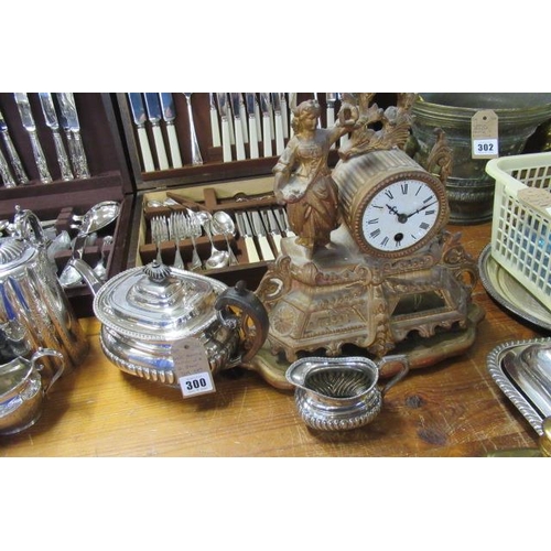 300 - GILT METAL MANTLE CLOCK   EPNS MILK JUG AND TEAPOT