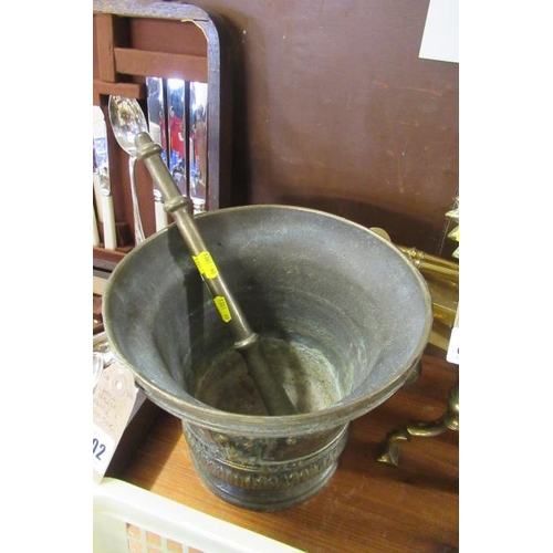 302 - LARGE BRASS PESTLE AND MORTAR