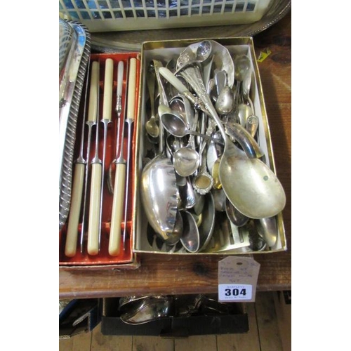 304 - BOX OF SPOONS AND A BOXED KNIFE SET