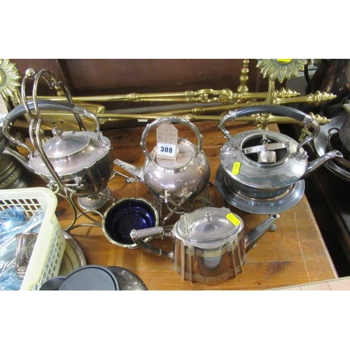 308 - THREE EPNS SPIRIT KETTLES  TEAPOT AND SUGAR BASIN