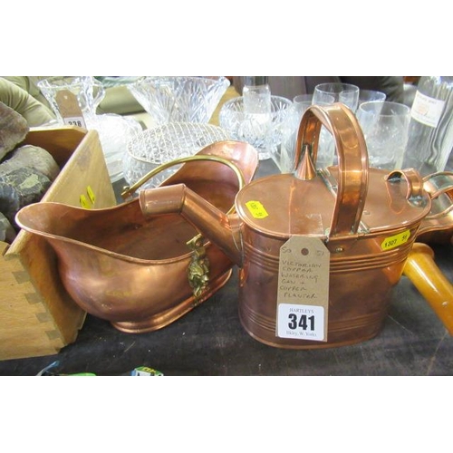 341 - VICTORIAN COPPER WATERING CAN AND A BASKET