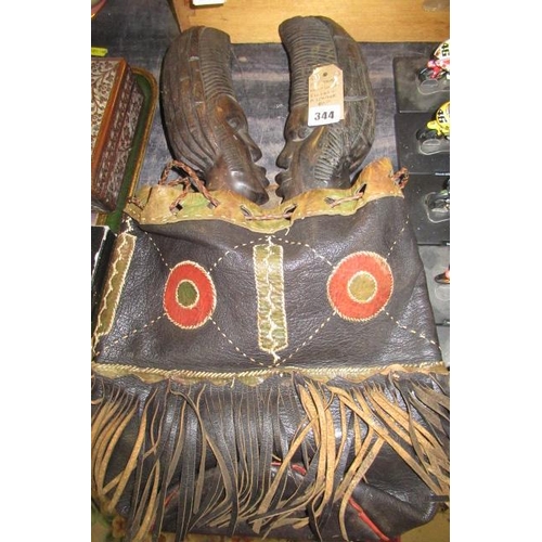 344 - TWO TRIBAL HARDWOOD FIGURES AND A LEATHER BAG