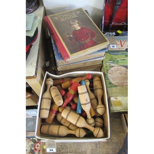 36 - FOUR CHILDRENS BOOKS AND WOODEN SKITTLES