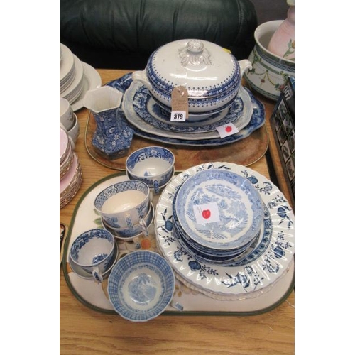 379 - TWO TRAYS OF BLUE AND WHITE CERAMICS