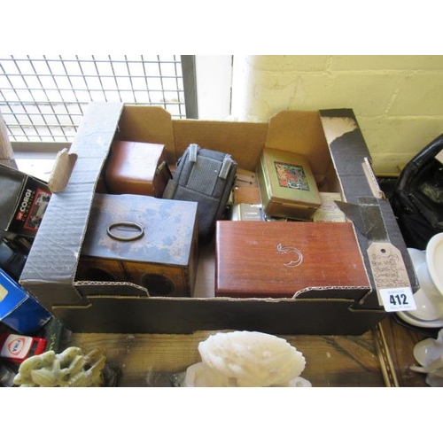 412 - BOX OF MISCELLANEOUS ITEMS INCLUDING CAMERAS  TELESCOPE  KNIVES ETC