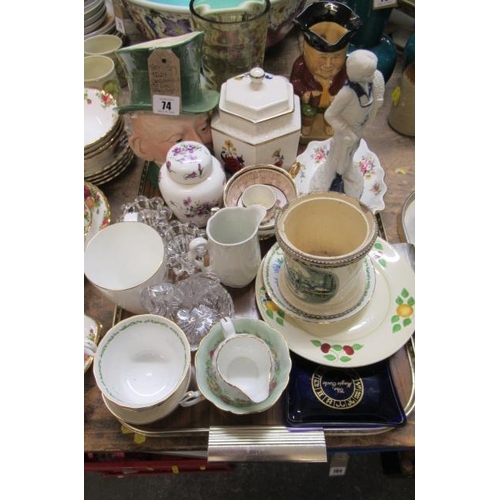 74 - TRAY OF CERAMICS INCLUDING TOBY AND CHARACTER JUGS