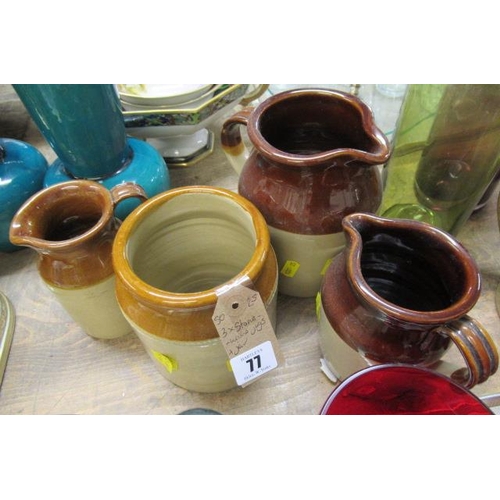 77 - THREE STONEWARE JUGS AND A JAR