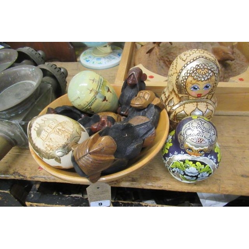 9 - WOODEN BOWL AND CONTENTS WITH TWO RUSSIAN DOLLS