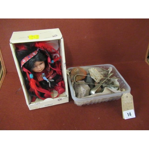 14 - HEIRLOOM PORCELAIN DOLL  BOX OF ROCKS AND MINERALS AND TWO PLATED TONGS