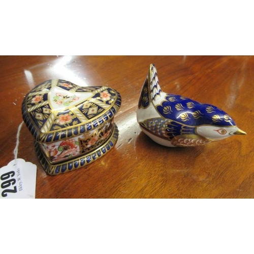 299 - ROYAL CROWN DERBY BIRD AND HEART SHAPED TRINKET BOX