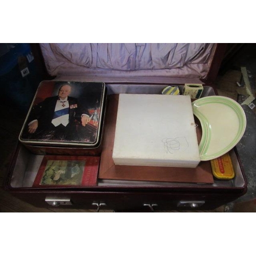 408 - VINTAGE SUITCASE INCLUDING CHURCHILL TIN ETC