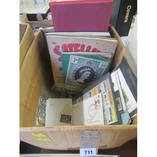 711 - BOX OF FIRST DAY COVERS AND MINT AND OTHER STAMPS ETC