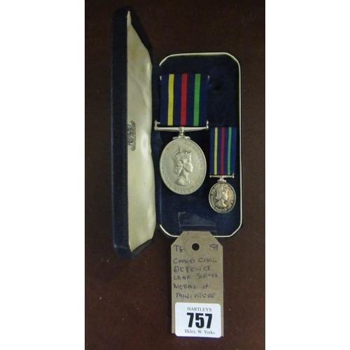 757 - CASED CIVIL DEFENCE LONG SERVICE MEDAL AND MINIATURE