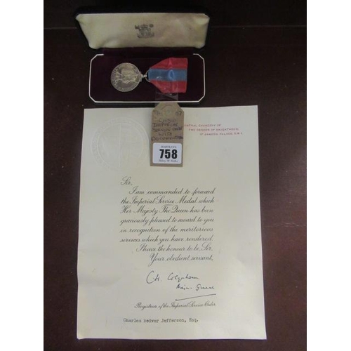 758 - CASED IMPERIAL SERVICE ORDER MEDAL WITH DOCUMENTATION