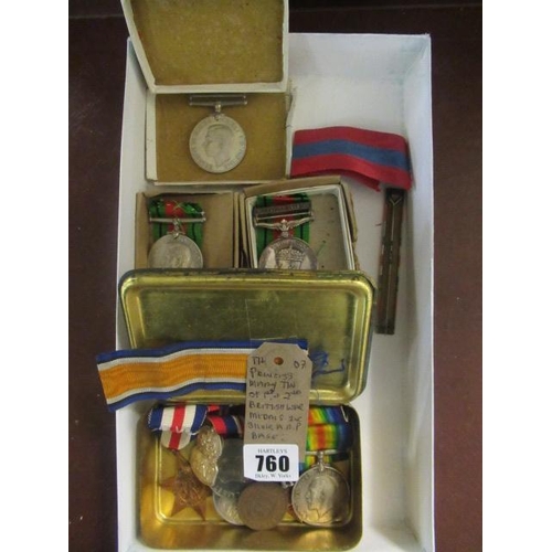 760 - PRINCESS MARY TIN OF WWI  AND WWII  MEDALS INCLUDING SILVER A.R.P. BADGE