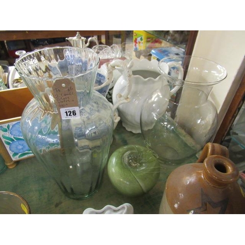 126 - TWO LARGE GLASS VASES AND AN APPLE