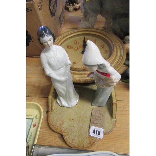 418 - POTTERY CLOCK  LLADRO FIGURE AND ANOTHER