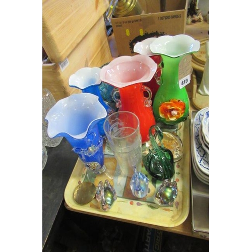 419 - QUANTITY OF BLOWN GLASS VASES ETC