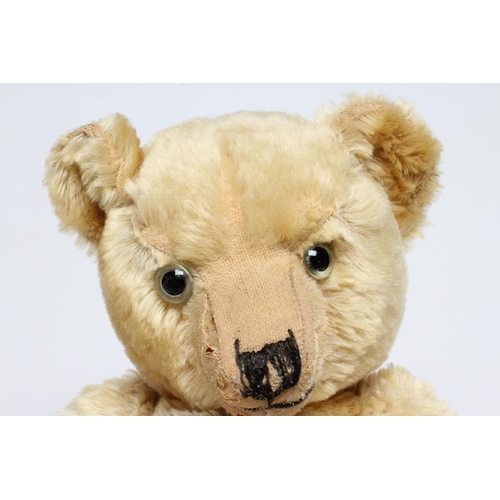 118 - An English teddy bear, possibly Farnell, with clear glass eyes, sewn nose, shaved snout, orange plus... 