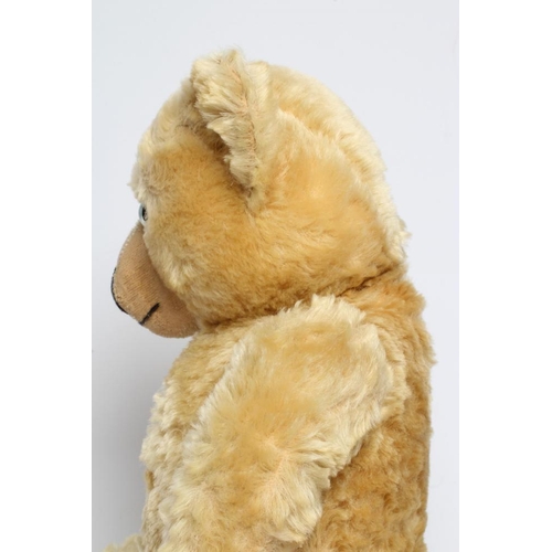 118 - An English teddy bear, possibly Farnell, with clear glass eyes, sewn nose, shaved snout, orange plus... 