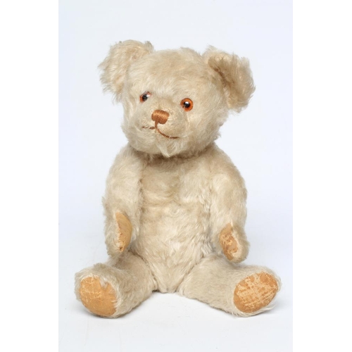 134 - A Farnell white mohair teddy, with amber glass eyes, orange sewn nose, jointed body and felt pads, 1... 