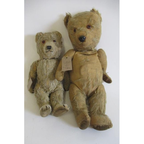 152 - Two vintage teddies, both with amber eyes, orange plush and fabric pads, one with a sewn nose, large... 