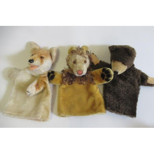 177 - Five vintage plush puppets, possibly Steiff, comprising a lion, an owl, a rabbit, a fox and a bear