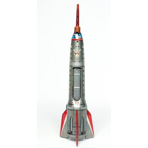 213 - Masuya friction Moon Rocket, printed tinplate with ladder and astronaut, some age wear, friction mot... 