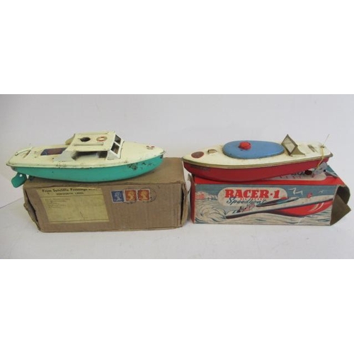 277 - Two Sutcliffe clockwork boats comprising Speed Boat Racer No 1 and Cabin Cruiser, boxes AF, F-P