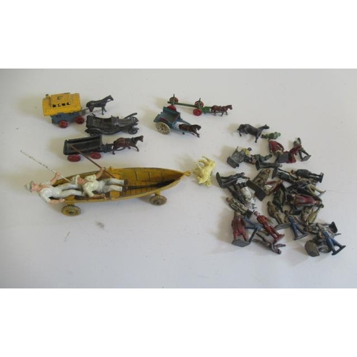 322 - Rowing boat, Lilliput Lane Tumbral cart, Moko log cart and other small lead figures, F