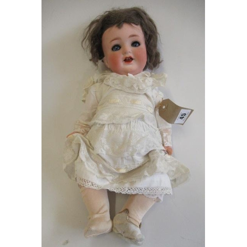 45 - A Heubach Koppelsdorf bisque socket head character doll, with blue glass sleeping eyes, open mouth, ... 