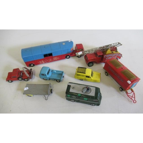 605 - Playworn Corgi Commercial vehicles including circus horse box, T.V. transmitter van and circus crane... 