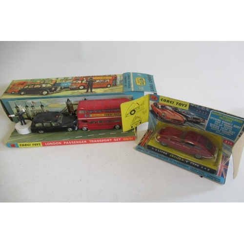 607 - Corgi Gift Set No 35 London Transport Set, box F, models G, and a 335 Jaguar E Type in display box, ... 