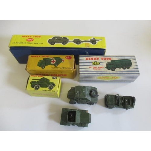 611 - Dinky military vehicles 697 Fieldgun Set, 622 10 Ton army truck, 626 Ambulance and 678 Scout car, al... 