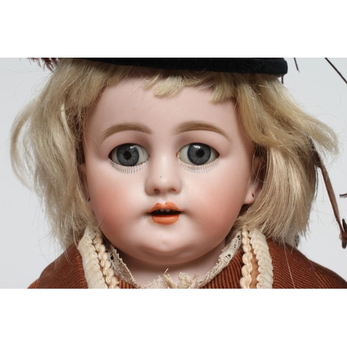 80 - A bisque shoulder head doll, with blue glass fixed eyes, open mouth, teeth, pierced ears, blond wig,... 