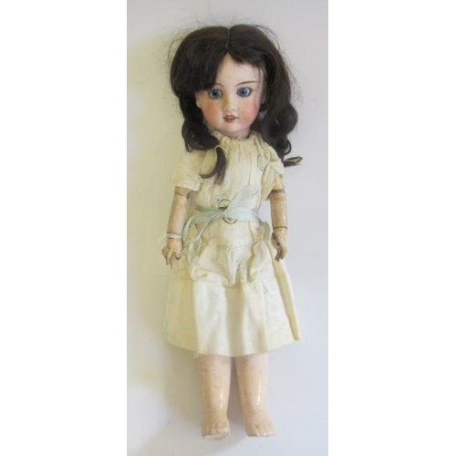 16 - A J Verlingue bisque socket head doll, with blue glass fixed eyes, open mouth, teeth, brown wig, woo... 