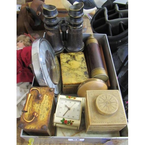 50 - BOX OF VINTAGE BINOCULARS  TELESCOPE AND CLOCKS ETC