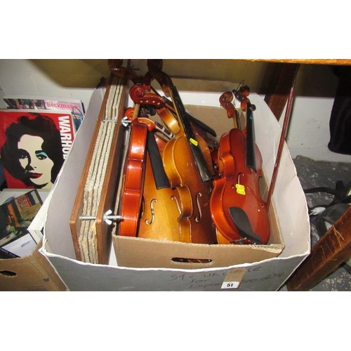 51 - BOX OF VIOLINS ETC