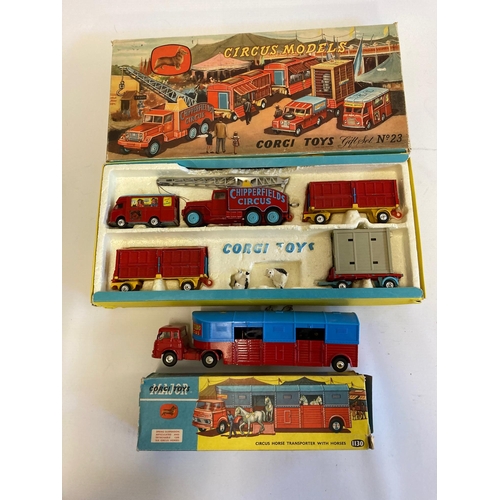 603 - Corgi Gift Set No 23 Circus Models, Land Rover missing, box G-F, models F, and 1130 Circus Transport... 