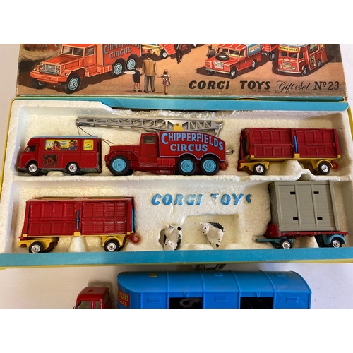 603 - Corgi Gift Set No 23 Circus Models, Land Rover missing, box G-F, models F, and 1130 Circus Transport... 